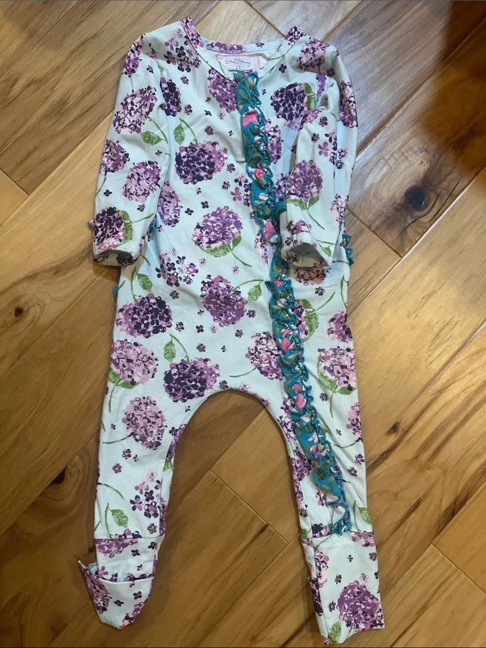 SweetHoney Footed One-Piece with Purple Floral Print and Teal Ruffle